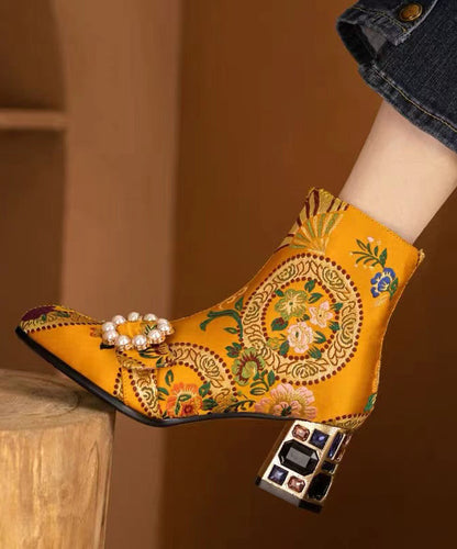 Yellow Embroidery Nail Bead Zircon Chunky Heel Boots