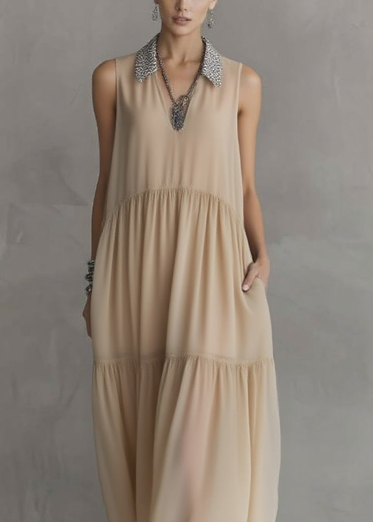 Peter Pan Collar Wrinkled Patchwork Chiffon Dress Sleeveless