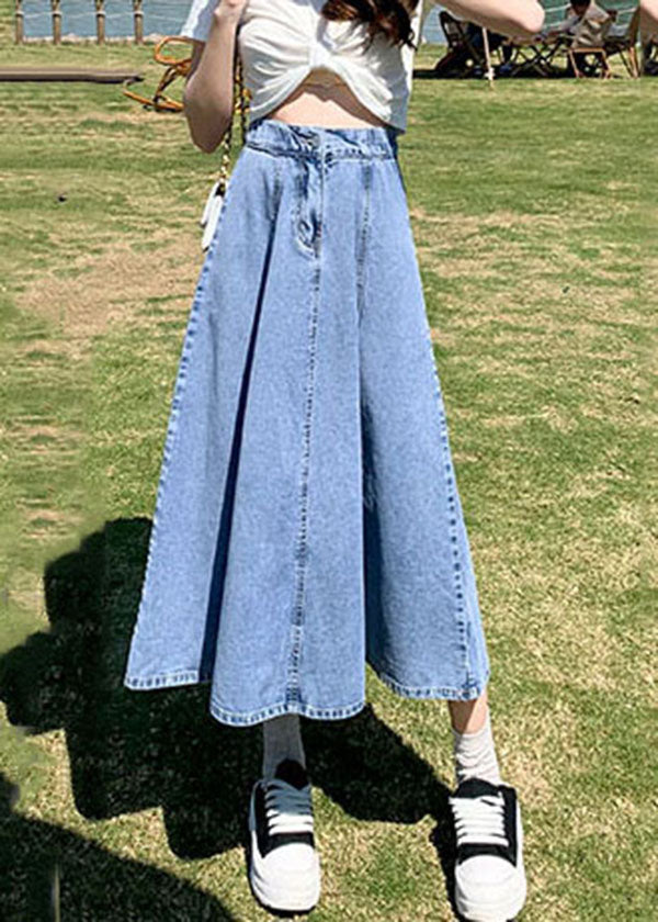 Classy Denim Light Blue High Waist Patchwork Button Cotton a Line Skirts Summer