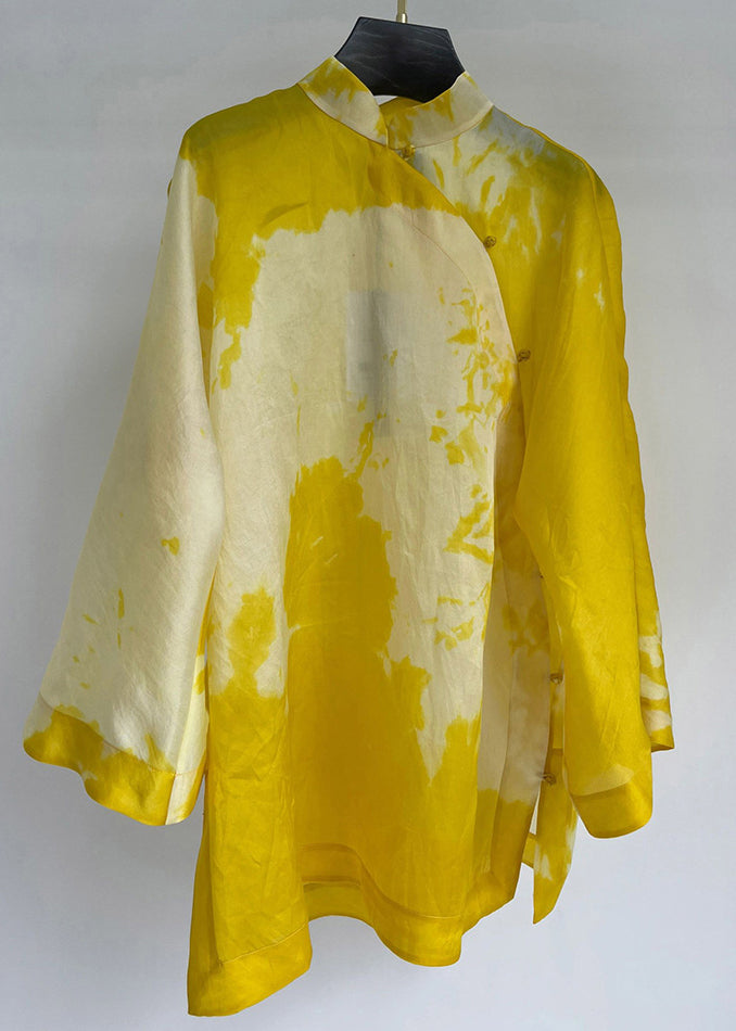 Yellow Stand Collar Button Cotton Shirt Long Sleeve