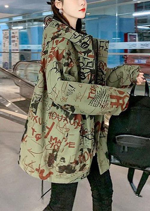 Green Hooded Letter Pockets Cotton Trench Coats Spring