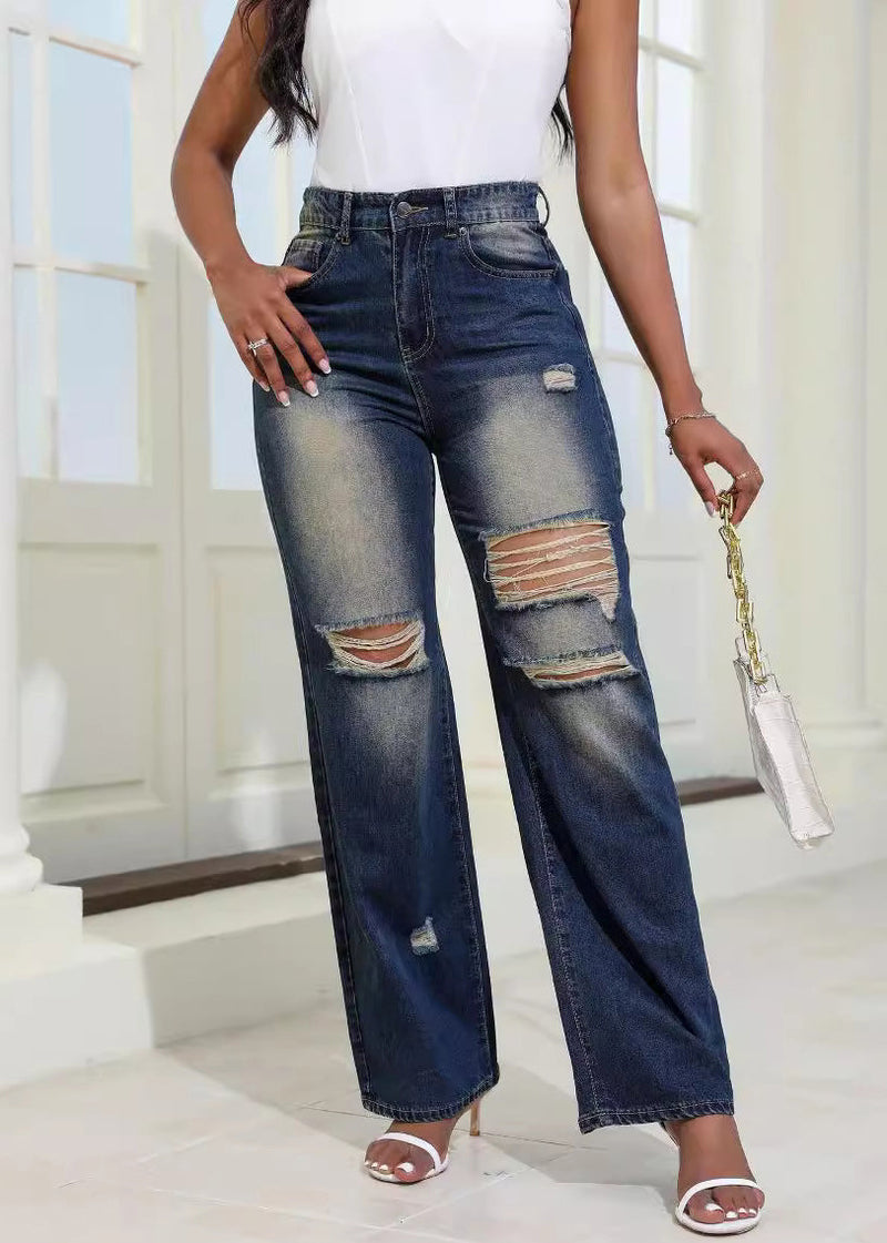 Stylish Blue Hole High Waist Denim Wide Leg Pants Summer