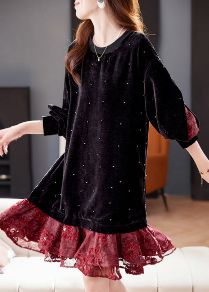 Loose Black Nail Bead Lace Patchwork Silk Velour Dress Winter