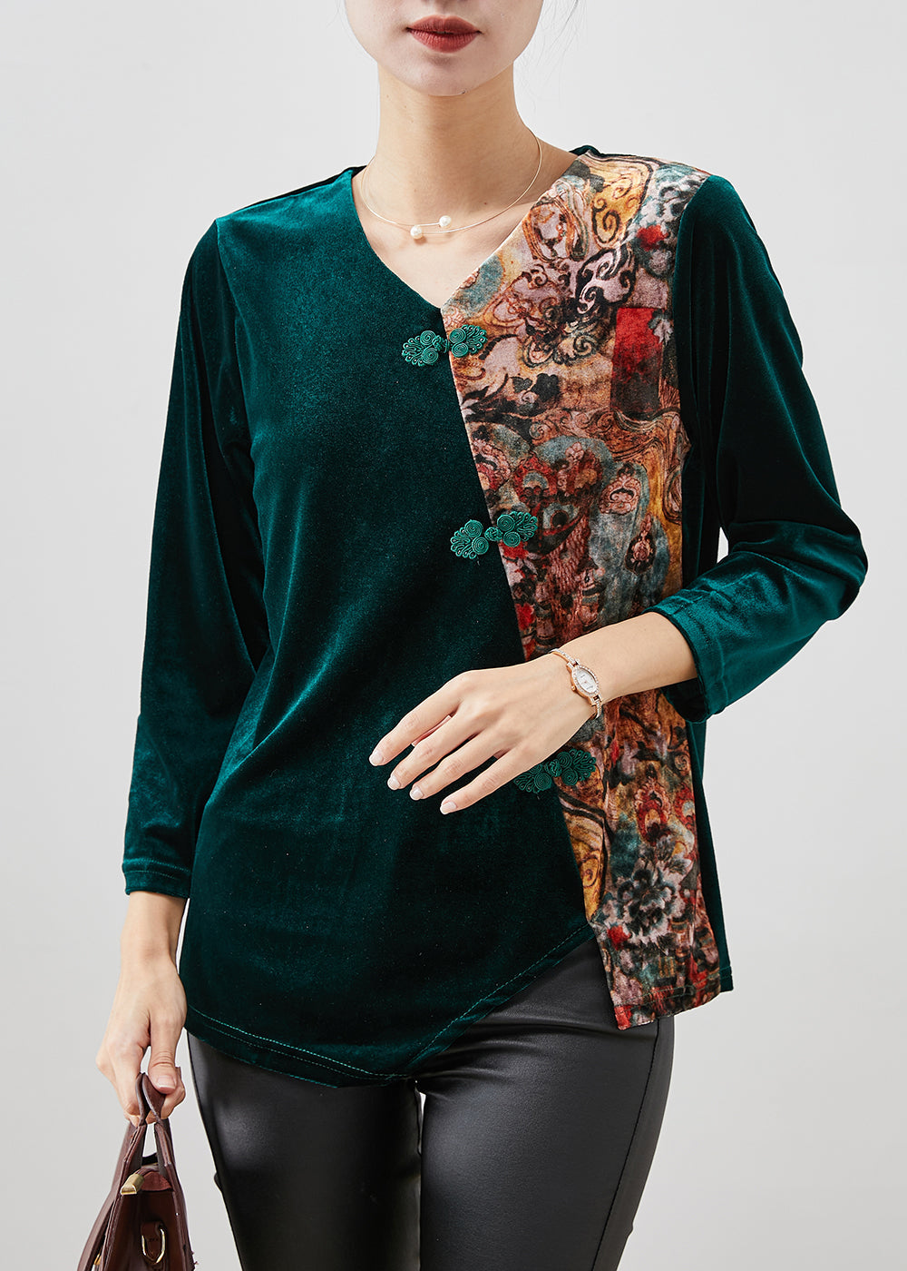 Peacock Green Asymmetrical Patchwork Silk Velour Shirt Tops Winter