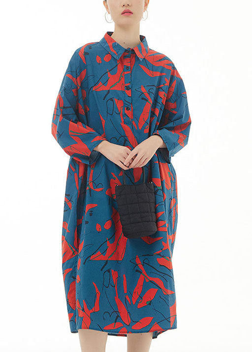 Blue Peter Pan Collar Print Patchwork Cotton Shirts Dress Spring