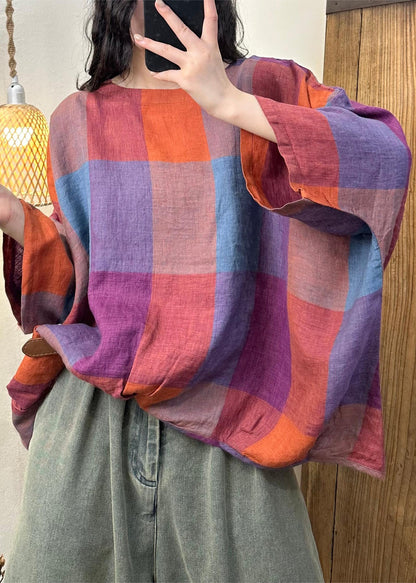 Blue Plaid O-neck Cotton Top Batwing Sleeve