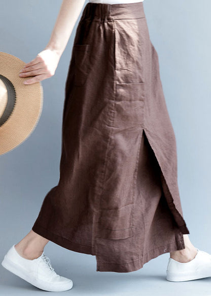 Chocolate Asymmetrical Side Open Linen Skirts Fall