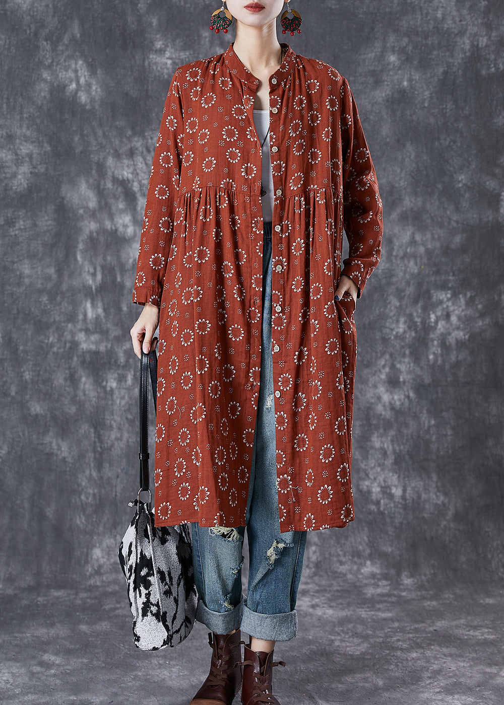 Red Print Cotton Shirt Dress Fall