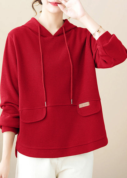 Red Patchwork Cotton Pullover Hooded Fall