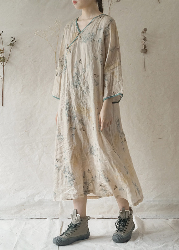 Beige V Neck Print Patchwork Linen Long Dresses Long Sleeve