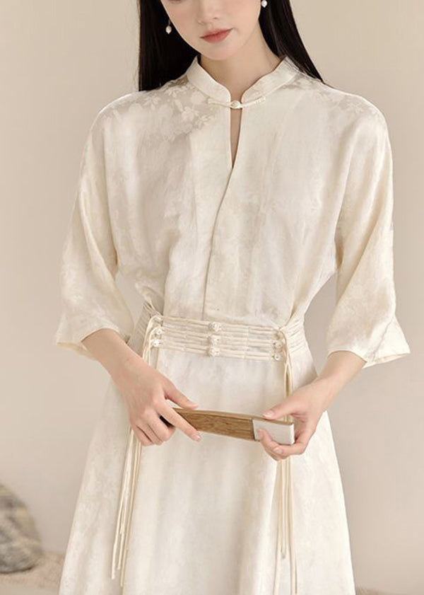 White Stand Collar Tasseled Patchwork Cotton Dress Fall