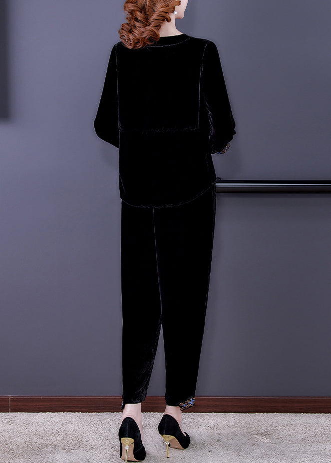 Black Print Silk Velour Top and Beam Pants Two Pieces Set Long Sleeve