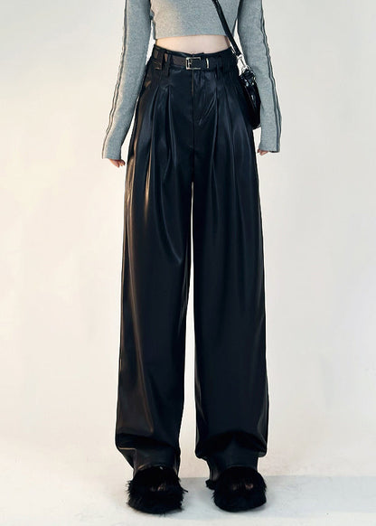 Boutique Black Pockets Warm Fleece Faux Leather Pants
