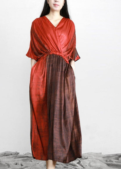 Organic Red Drawstring V Neck Silk Dress