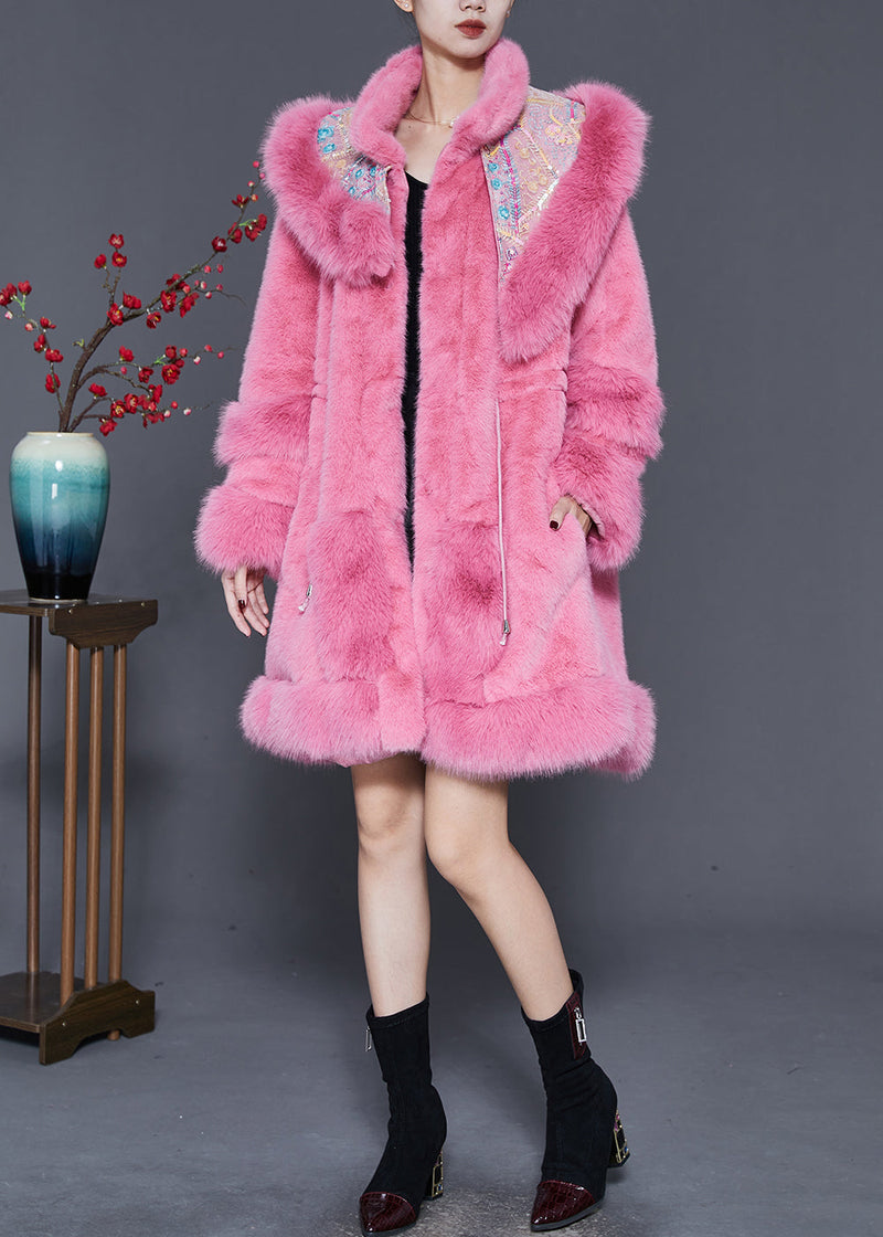 Pink Embroideried Drawstring Mink Velvet Coat Outwear Spring