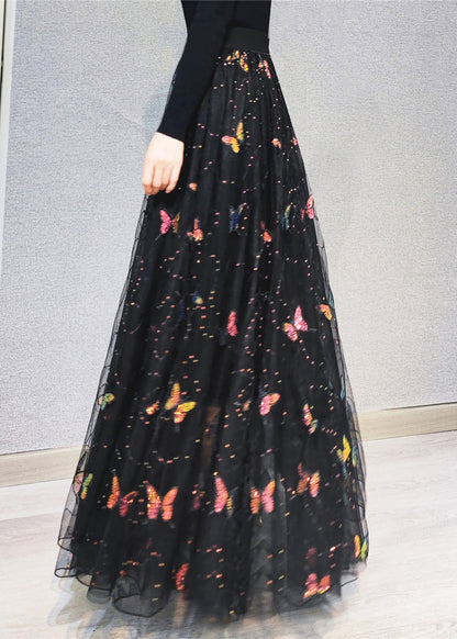 Italian Embroideried High Waist Sequins Tulle Maxi Skirts Spring