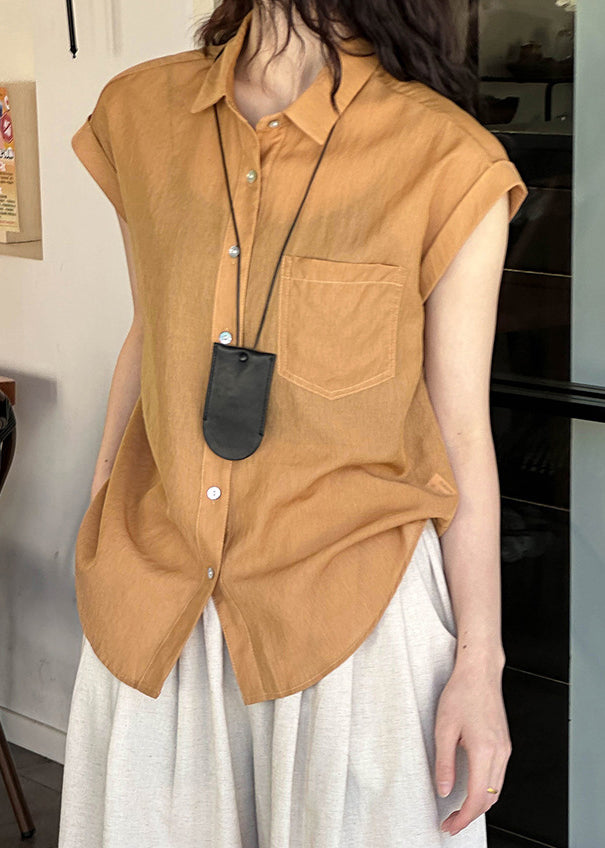 Orange Peter Pan Collar Button Silk Cotton Shirt Summer