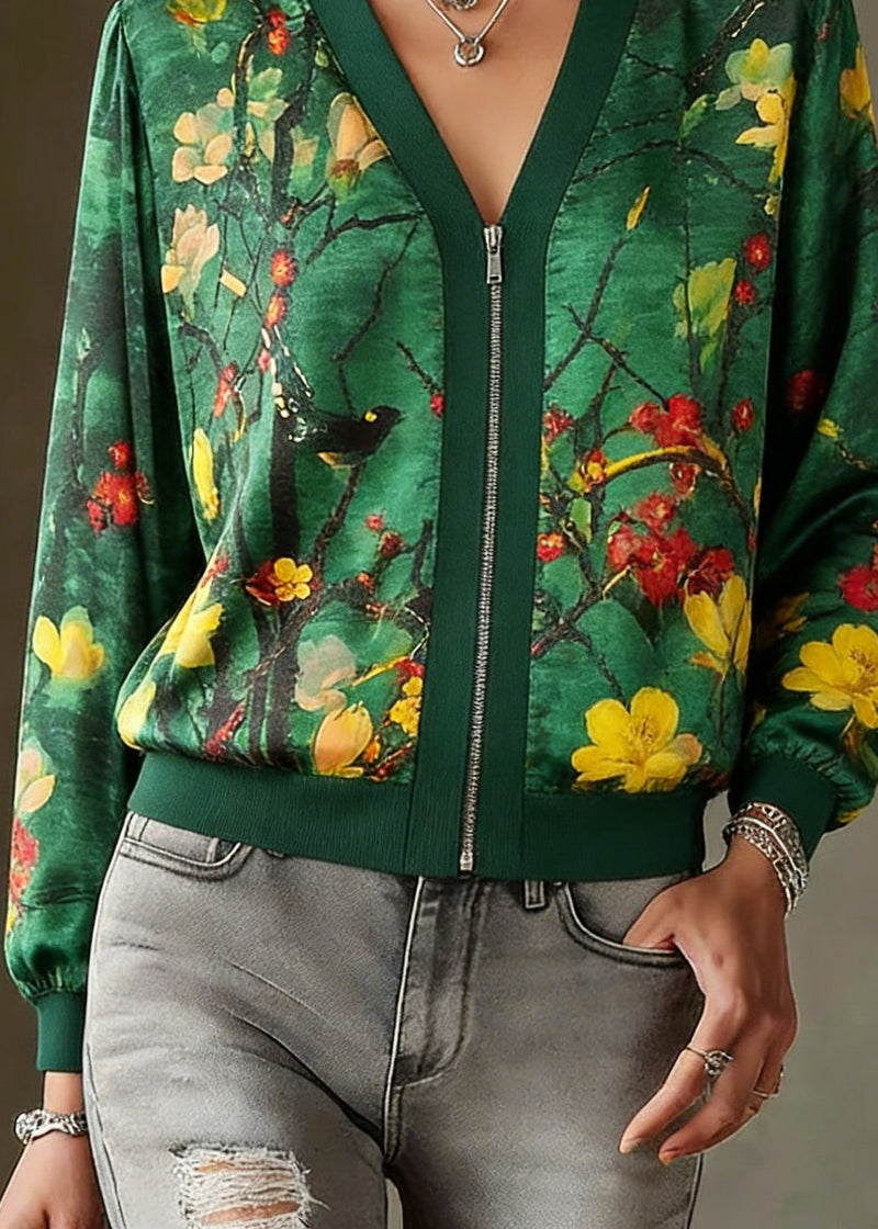Green O-neck Print Zip Up Silk Coats Long Sleeve