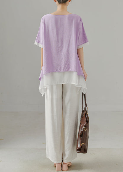 Diy Purple Asymmetrical Patchwork Cotton Two-piece Set Summer