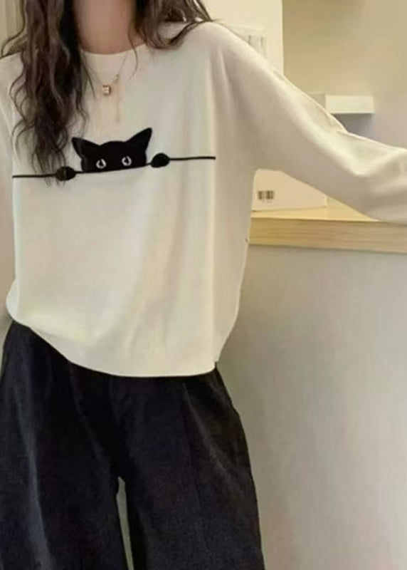 Grey O-neck Embroidered Cotton Knit Sweater Spring