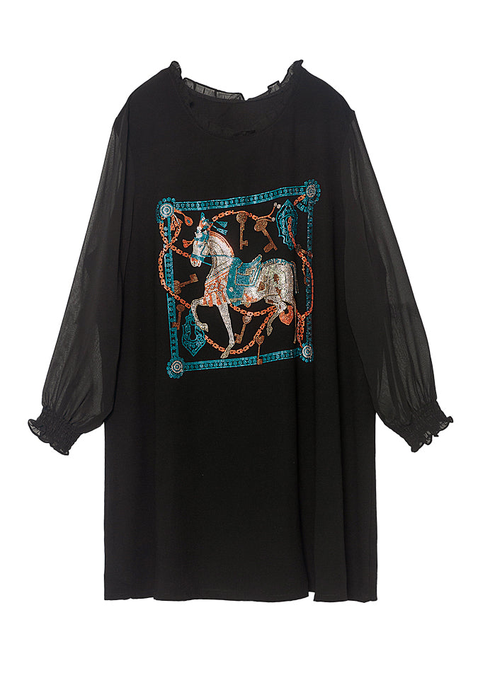 Black Ruffled Print Chiffon Holiday Dress Spring