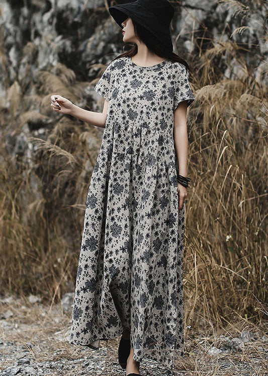 Grey O-neck Print Long Dress Short Sleeve
