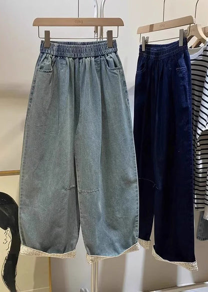Light Blue Pockets Elastic Waist Crop Jeans Fall