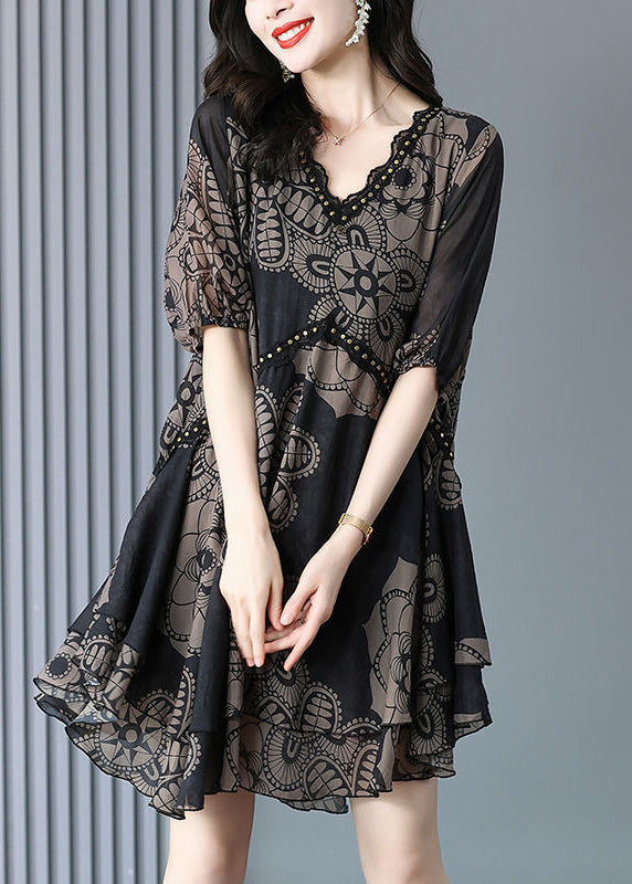Black V Neck Print Chiffon Maxi Dress Summer