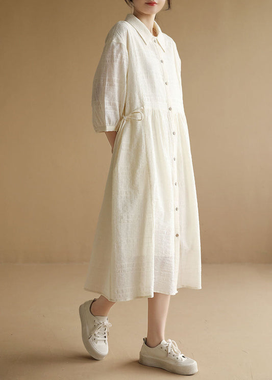 Beige Peter Pan Collar Wrinkled Drawstring Long Dresses Bracelet Sleeve