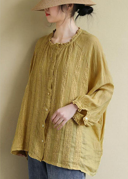 Yellow Button Embroideried Linen Shirts Long Sleeve