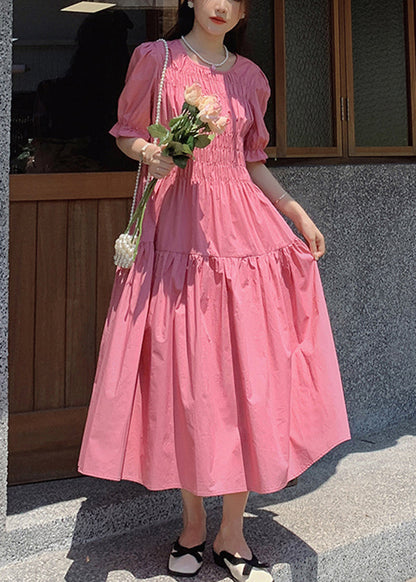 Pink O Neck Puff Sleeve Wrinkled Patchwork Cotton Long Dress