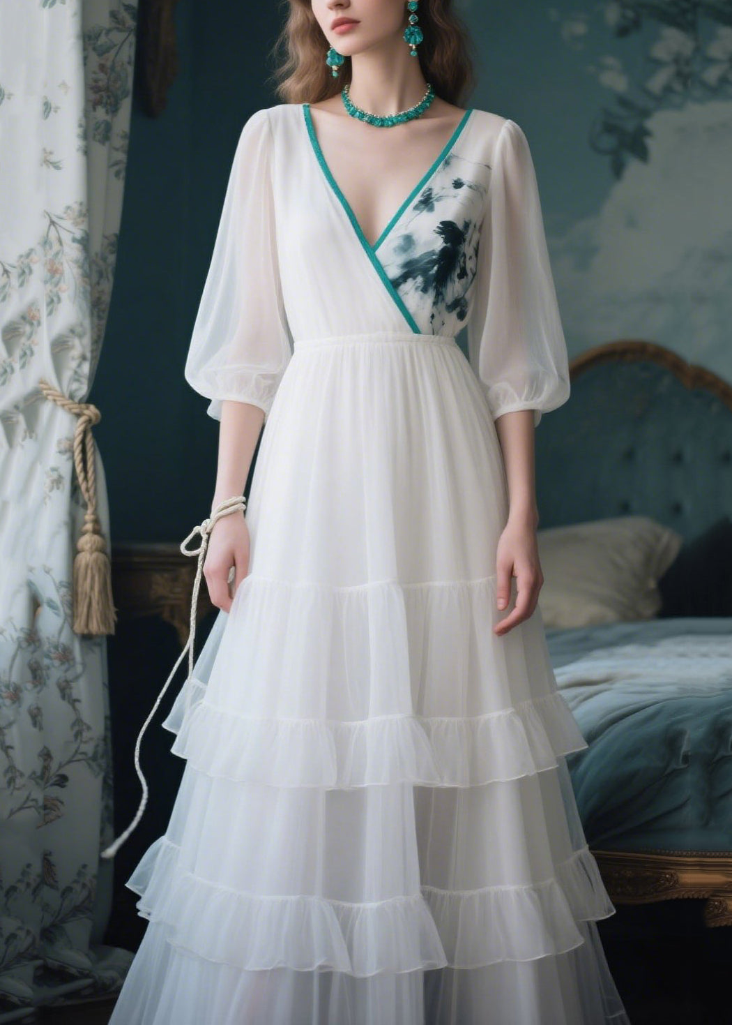 White V Neck Patchwork Tulle Maxi Dress Summer