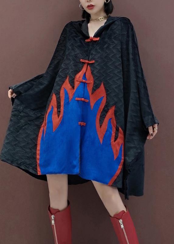 Handmade Black Trench Coat Outfits Hooded Chinese Button Spring Coat