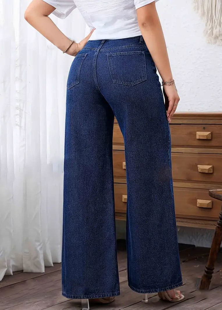 Dark Blue Pockets Patchwork Wide Leg Jeans Fall
