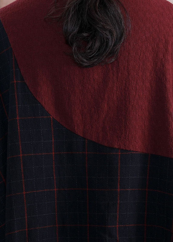Plaid Stripe Patchwork V-neck Half Button Front Maxi Dresses