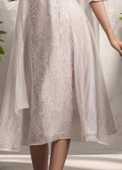 Brief Beige Lace Patchwork Fake Two Piece Silk Maxi Dress Short Sleeve