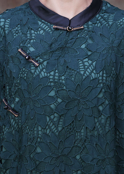 Green Button Embroideried Side Open Lace Long Dress Half Sleeve