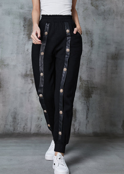 Black Metal Buttons Patchwork Warm Fleece Pants Winter