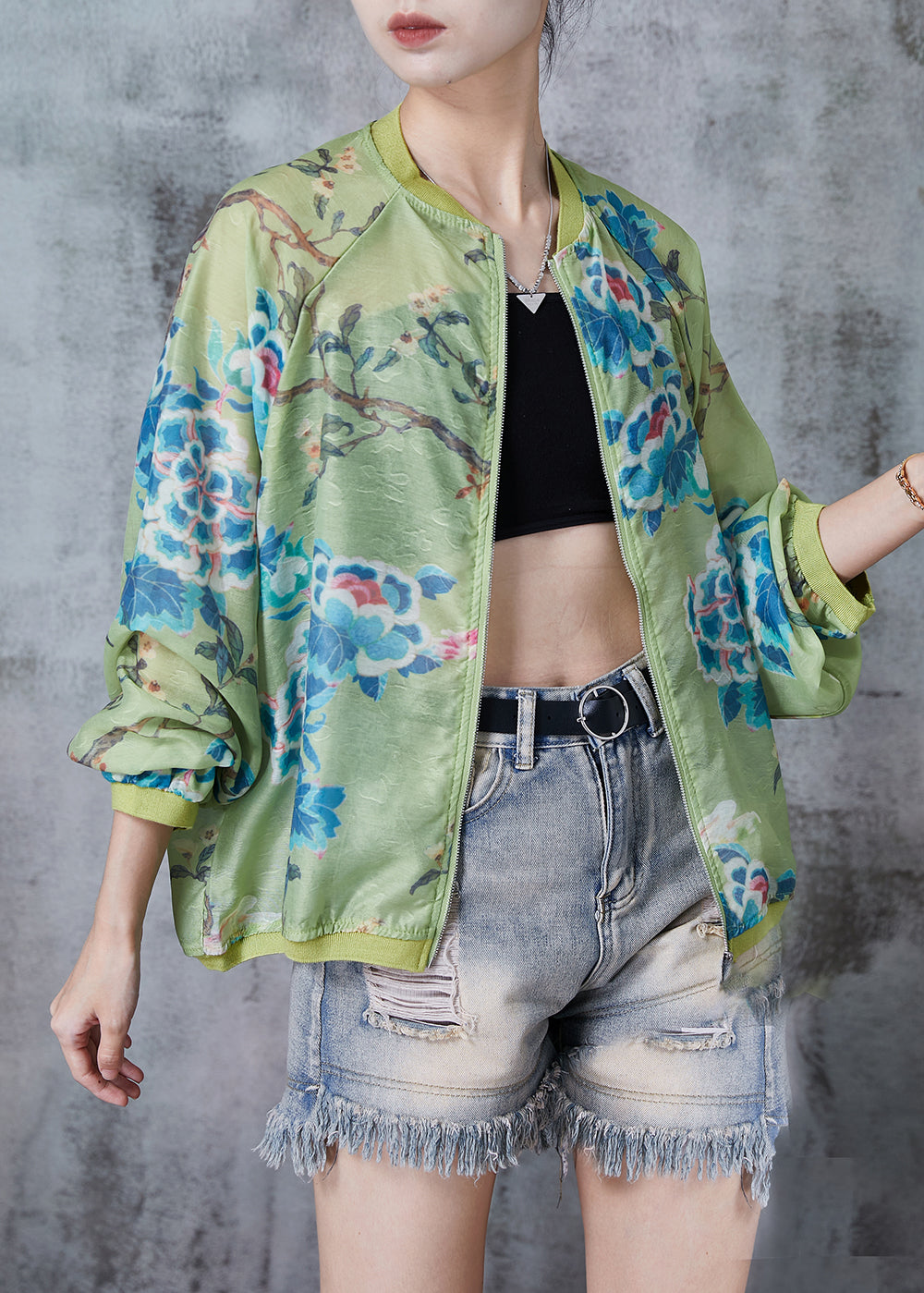 Green Oversized Print Silk Jackets Fall