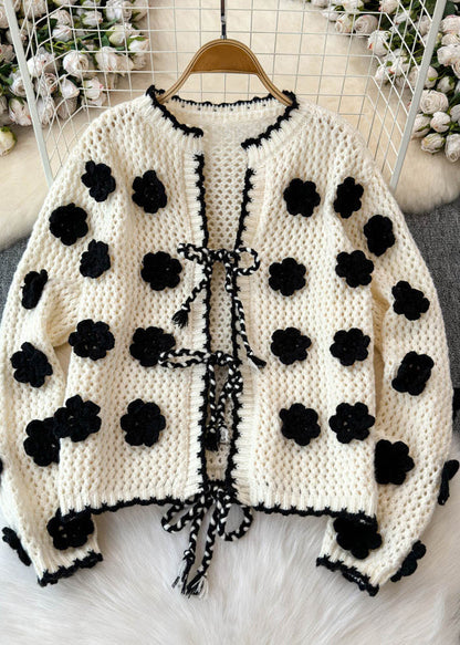 French Apricot O-neck Tie Waist Cotton Knit Cardigans Spring