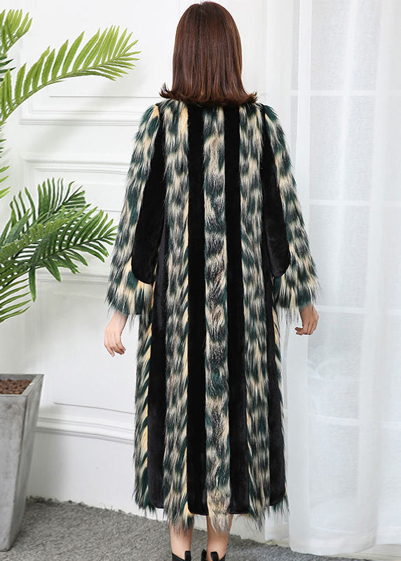 Gradient Color Striped Patchwork Faux Leather and Fur Coat Outwear Winter