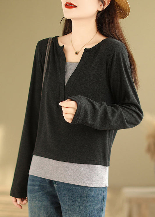 Black Patchwork Versatile Cotton T Shirts V Neck False Two Pieces Fall