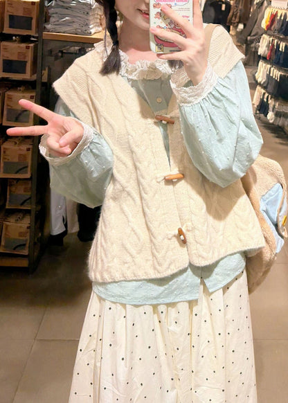 Beige V Neck Knit Waistcoat Shirts and Skirt Tress Piece Set Fall