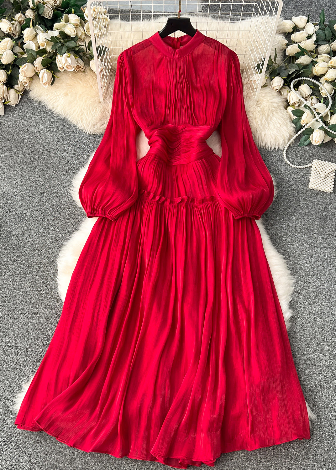 Art Red Wrinkled Patchwork Silk Cotton Dress Long Sleeve