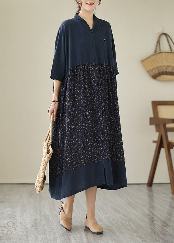 Navy Stand Collar Print Patchwork Linen Dresses Summer
