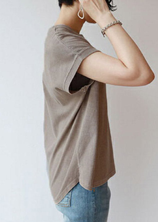 Brief Camel O-neck Side Open Cotton T Shirt Short Sleeve