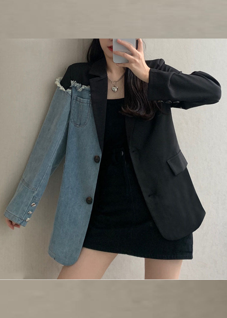 Diy Black Notched Pockets Asymmetrical Denim Patchwork Coats Long Sleeve