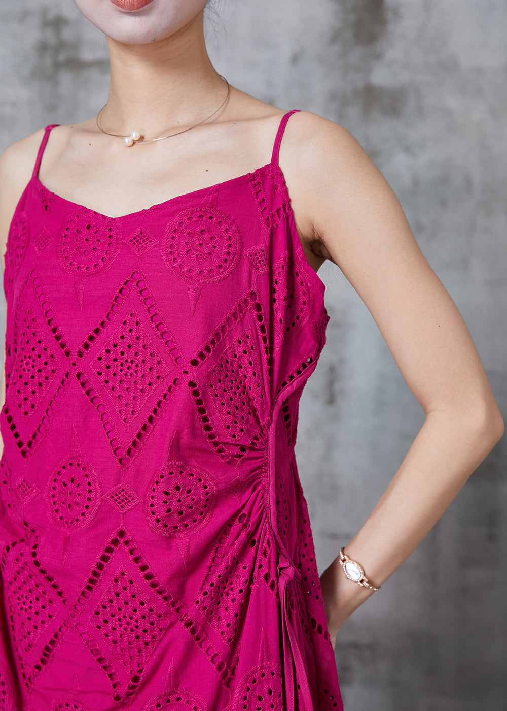 Rose Hollow Out Cotton Spaghetti Strap Dress Summer
