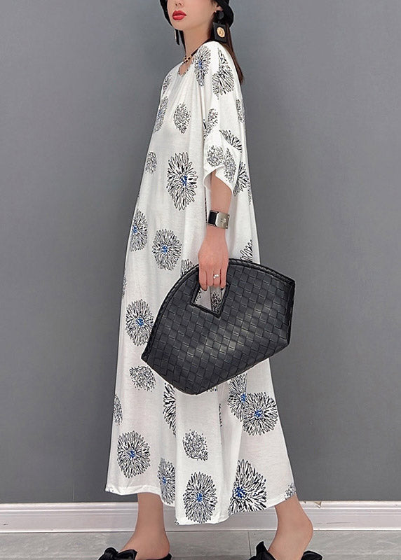White O-neck Print Long Dress Half Sleeve