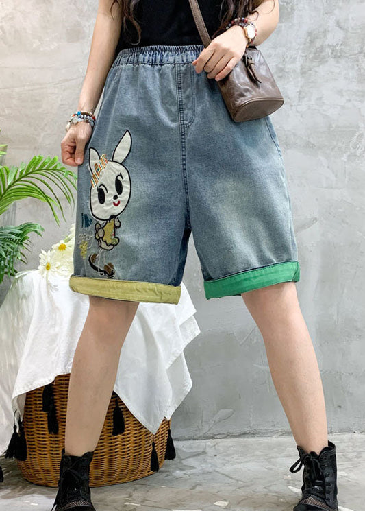 Modern Blue Embroideried Denim Summer Shorts